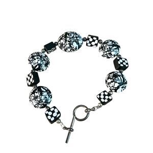 Black and White Swirl and Polka Dots Polymer Clay Beaded Bracelet